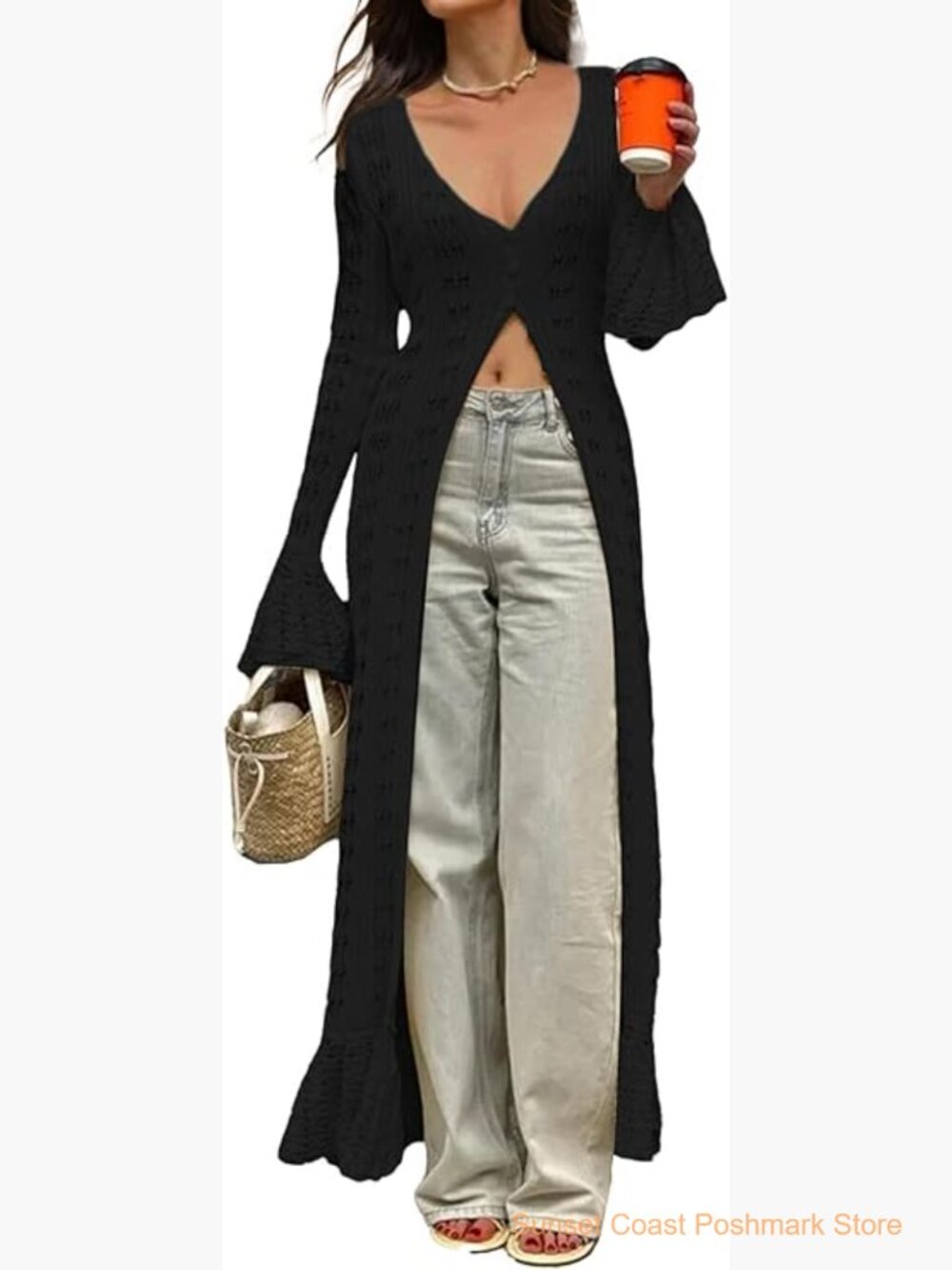 Long Crochet Cardigan Button Up Knit Hollow Out Duster Sweater